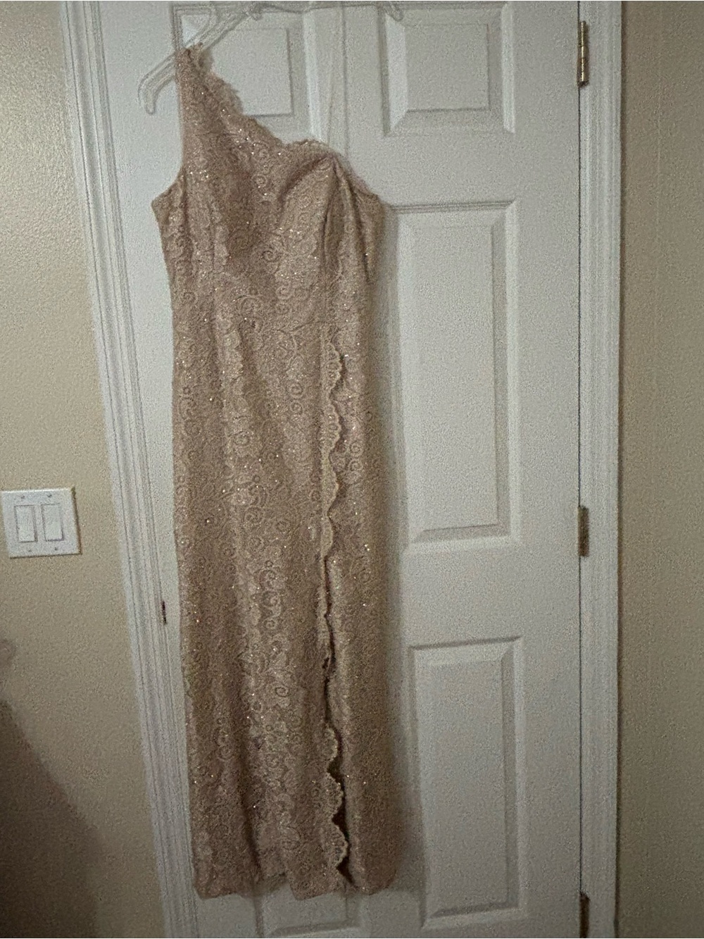 David's Bridal One-Shoulder Lace Dress in Beige/Champagne